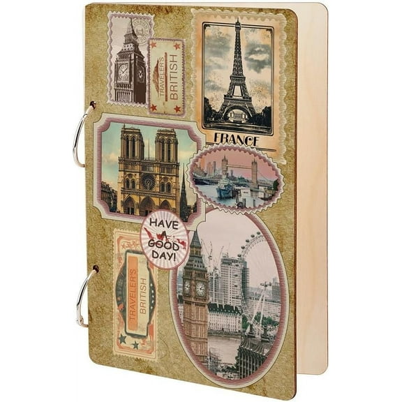 Wooden 2-Ring Loose Leaf Binder Postcard Phote Album Cover Building 240x160x2.5mm Hole: 5mm 2pcs/set