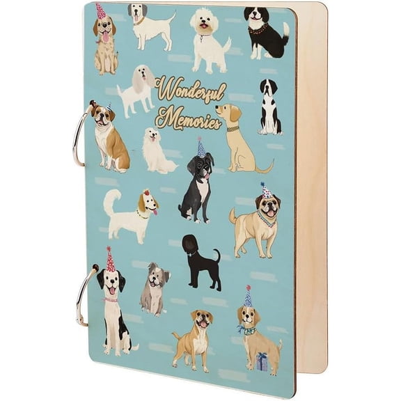 Wooden 2-Ring Loose Leaf Binder Postcard Phote Album Cover Dog 240x160x2.5mm Hole: 5mm 2pcs/set