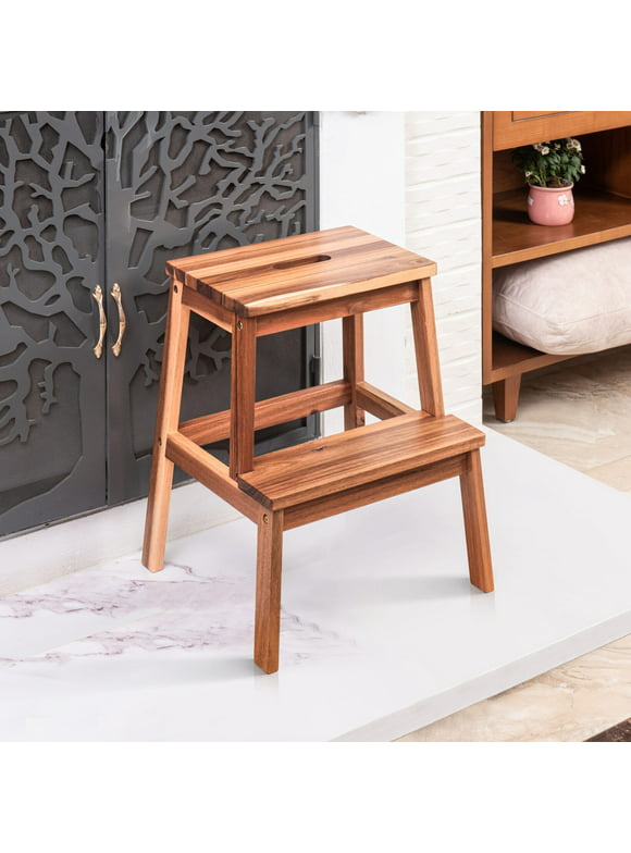 Wooden 2 Step Stool for Children and Adults, Kitchen Step Stool with 250lbs, Multifunctional Large Step Helper for Toilet, Bathroom and Bedroom, 16.9"D x 15.4"W x 19.6"H, Natural