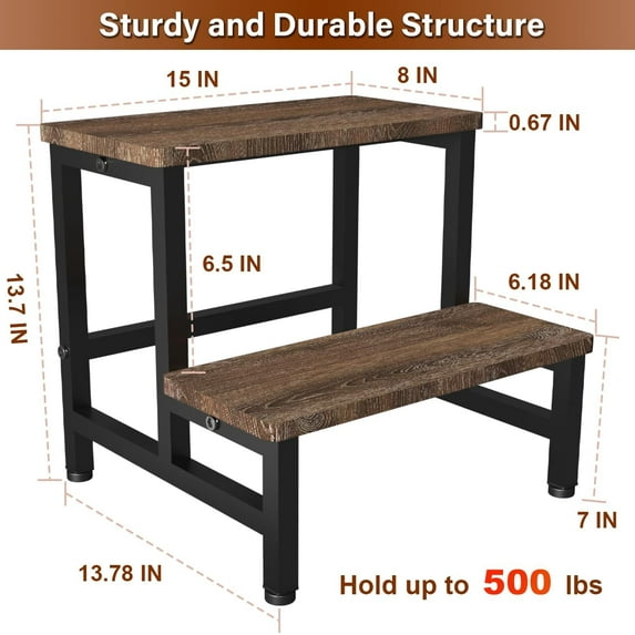 Wooden 2 Step Stool for Toddlers Kids and Adults, Heavy Duty Stepping Stools with 500 LB Load Capacity, Foot Step Stool for Bed, Living Room, Bathroom, Kitchen - Rustic Brown & Black
