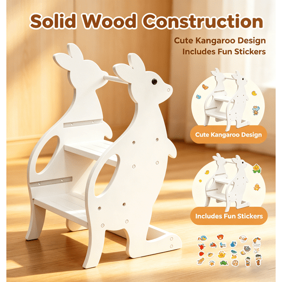 Wooden 2-Step Stool for Toddlers, Adjustable Height Learning Tower with Safety Rail for Bathroom Sink, kitchen, Toilet, White