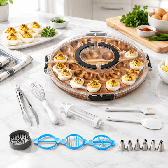 Wooden 24-Hole Deviled Egg Platter Kit with Lid, Slicer, Piping Tips and Tongs