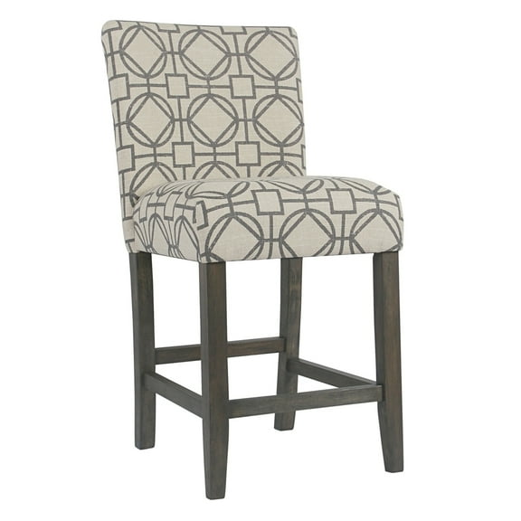 Wooden 24 Inch Counter Height Stool with Trellis Pattern Fabric Upholstery Cream and Gray - Saltoro Sherpi