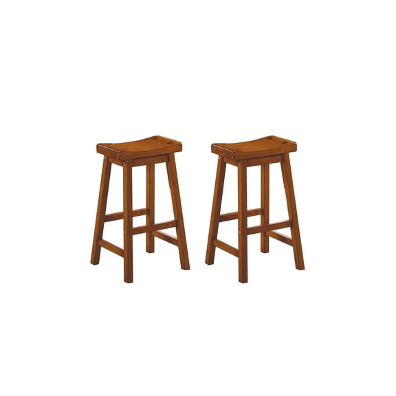 Wooden 29" Counter Height Stool with Saddle Seat, Oak Brown, Set Of 2- Saltoro Sherpi