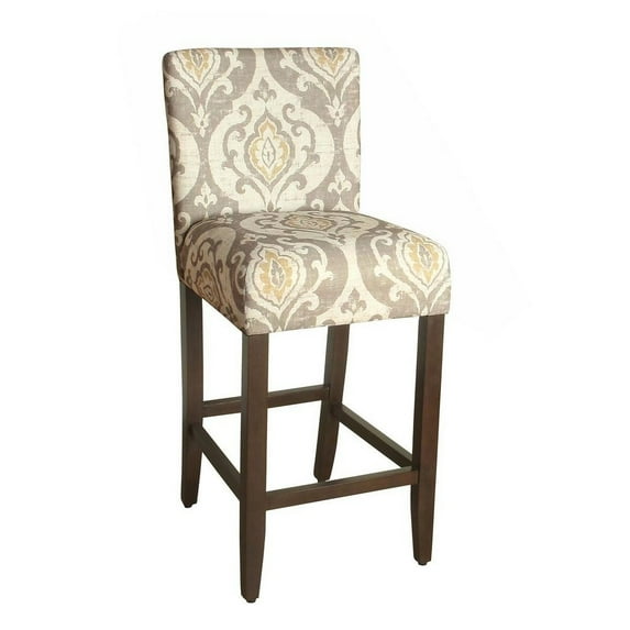 Wooden 29 Inch Counter Height Stool with Damask Pattern Fabric Upholstery Multicolor - Saltoro Sherpi
