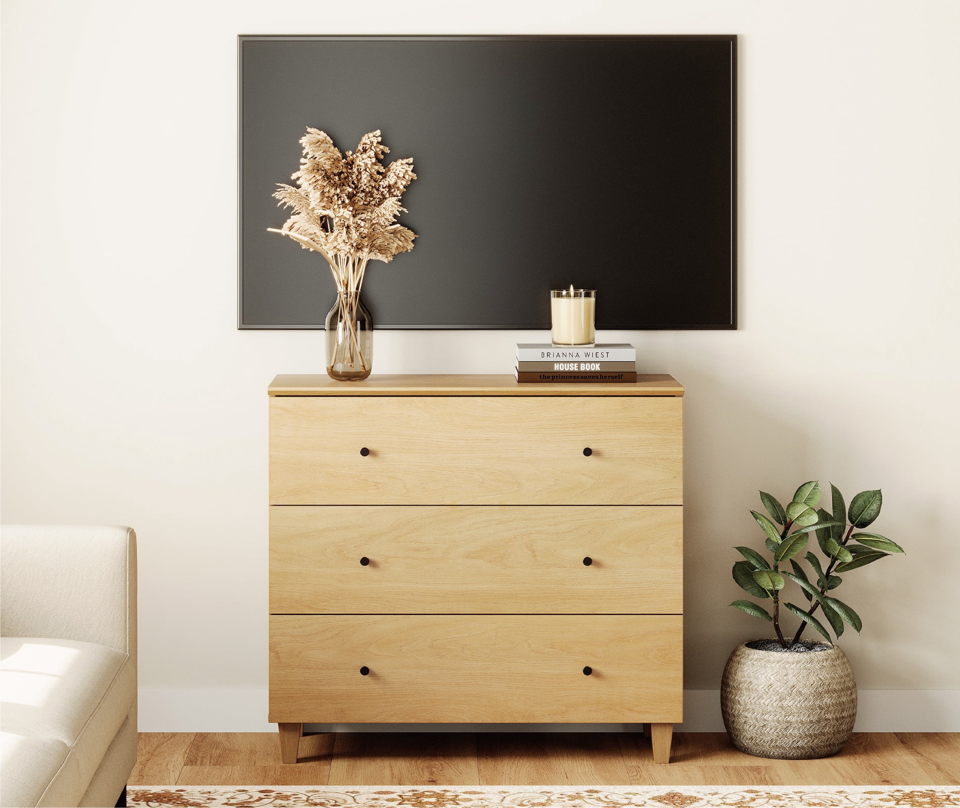 Wooden 3-Drawer Small Dresser, Mid Century Chest of Drawers with Oak Wood Finish, 36" Wide