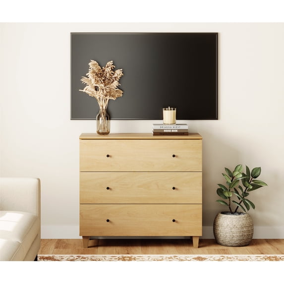 Wooden 3-Drawer Small Dresser, Mid Century Chest of Drawers with Oak Wood Finish, 36" Wide