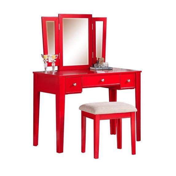 Wooden 3 Panel Mirror Vanity Set with Stool, Red