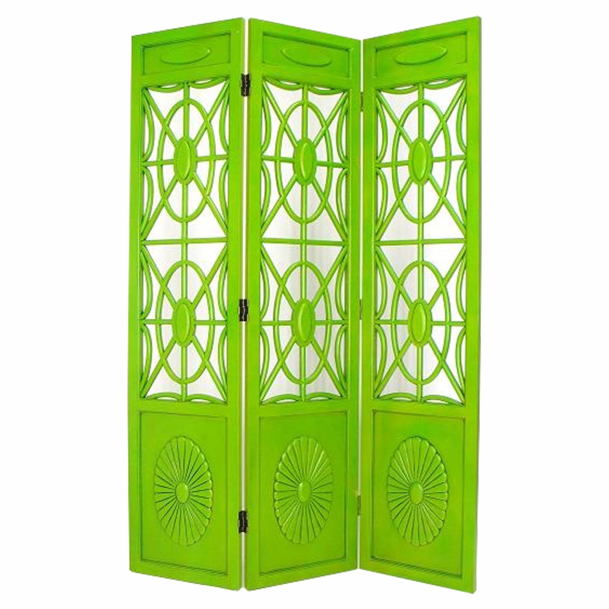 Wooden 3 Panel Room Divider with Open Geometric Design, Green - Saltoro ...
