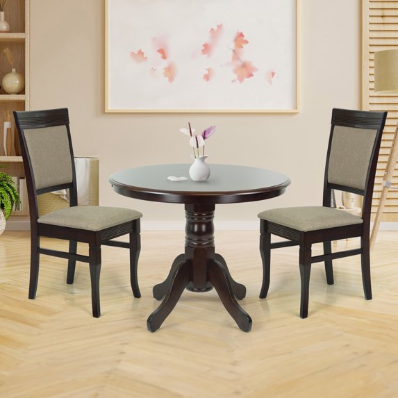 Wooden 3 Piece Dining Table Set, 2 Classic Style Solid Wood Ronda Upholstered Chairs w Rolf Round Dining Table, Kitchen Set for two, Living Room Set, Espresso Color