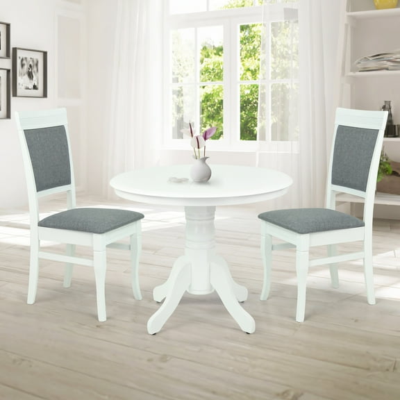 Wooden 3 Piece Dining Table Set, 2 Classic Style Solid Wood Ronda Upholstered Chairs w Rolf Round Dining Table, Kitchen Set for two, Living Room Set, White Color