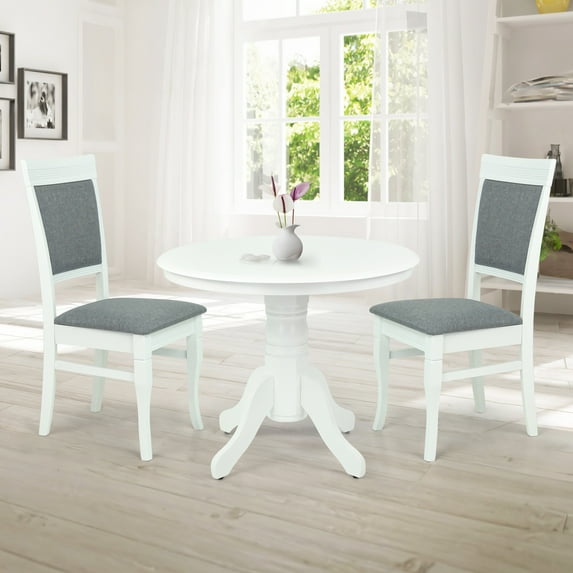 Wooden 3 Piece Dining Table Set, 2 Classic Style Solid Wood Ronda Upholstered Chairs w Rolf Round Dining Table, Kitchen Set for two, Living Room Set, White Color