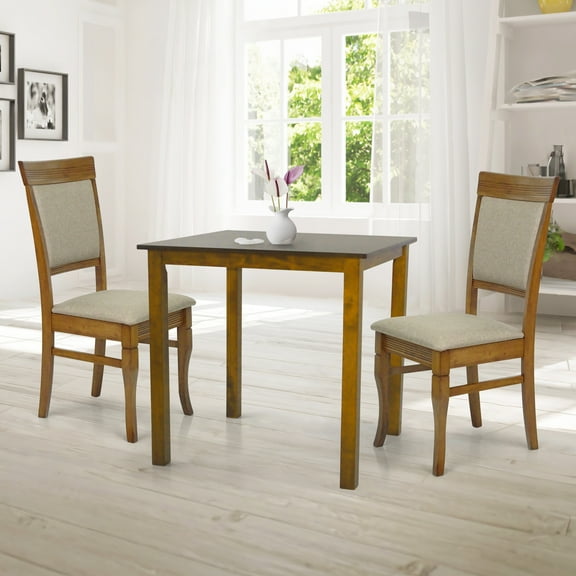 Wooden 3 Piece Dining Table Set, 2 Classic Style Solid Wood Ronda Upholstered Chairs w Salem Square Dining Table, Kitchen Set for two, Living Room Set, Medium Brown Color