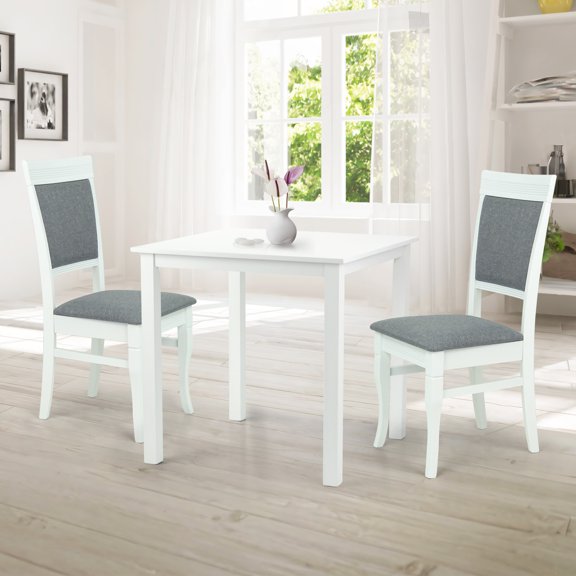 Wooden 3 Piece Dining Table Set, 2 Classic Style Solid Wood Ronda Upholstered Chairs w Salem Square Dining Table, Kitchen Set for two, Living Room Set, White Color