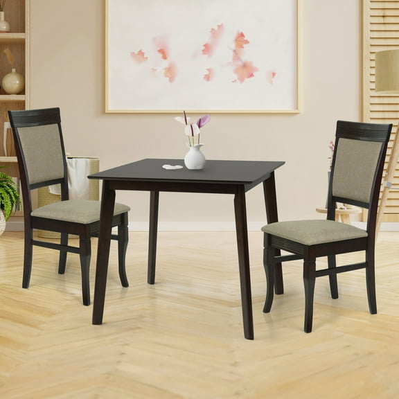 Wooden 3 Piece Dining Table Set, 2 Classic Style Solid Wood Ronda Upholstered Chairs w Square Dining Table, Kitchen Set for two, Living Room Set, Espresso Color