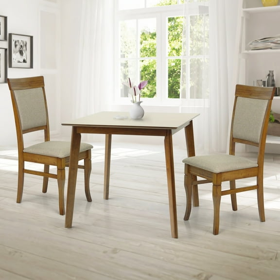 Wooden 3 Piece Dining Table Set, 2 Classic Style Solid Wood Ronda Upholstered Chairs w Square Dining Table, Kitchen Set for two, Living Room Set, Medium Brown Color