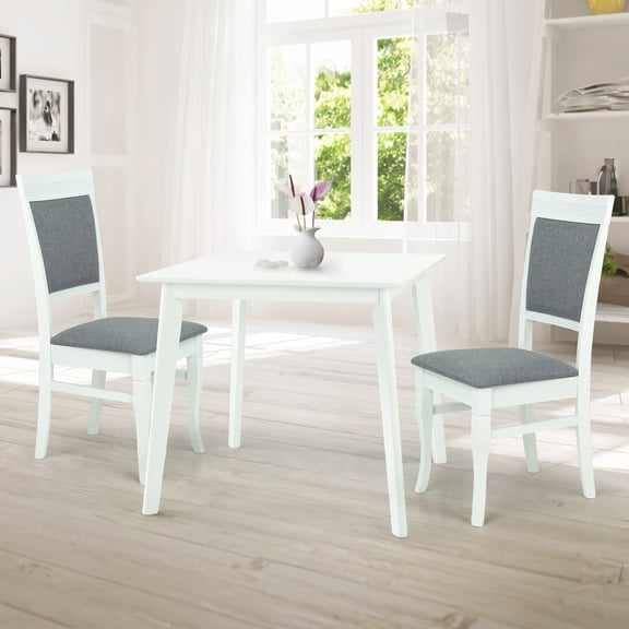 Wooden 3 Piece Dining Table Set, 2 Classic Style Solid Wood Ronda Upholstered Chairs w Square Dining Table, Kitchen Set for two, Living Room Set, White Color