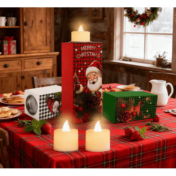 Wooden 3-Piece LED Candle Holder Set – Christmas Festive Decor & Xmas Gift