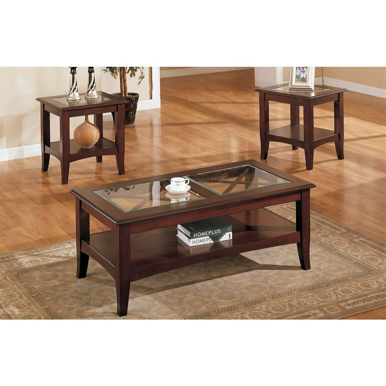 Wooden 3 Piece Table Set With Glass Top In Dark Cherry Brown