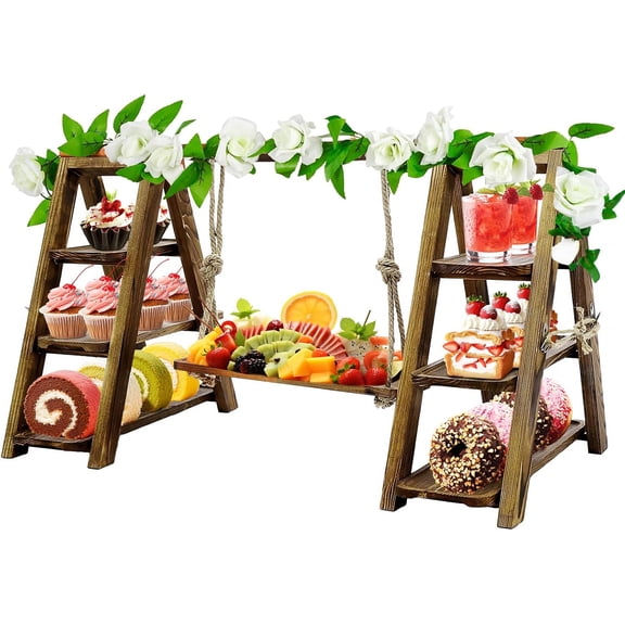 Wooden 3-Tier Cupcake Stand with Swing & Flower Decor - Foldable Display Stand with Removable Trays for Cake, Snacks, Fruit - Perfect for Weddings, Birthdays, Parties & Catering Events