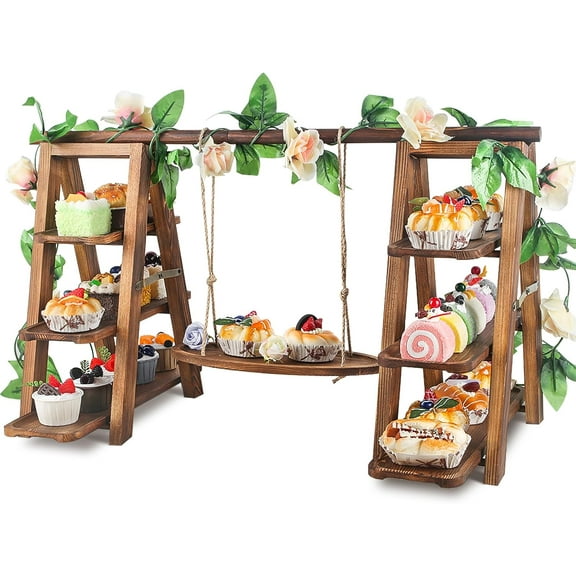 Wooden 3 Tier Cupcake Stand with Swing and Flower Decoration Serving Removable Tray Display Serving Ladder Foldable Stand with Serving Platter Tray Party Food Display Set for Cake Snack Fruit Chips