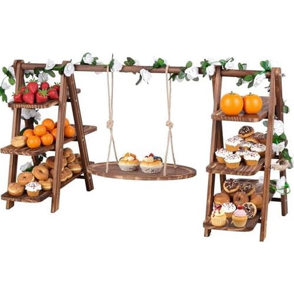 Wooden 3 Tier Cupcake Stand with Swing and Foldable Stand Wood Dessert Display, Cupcake Swing Stand, Charcuterie Board, Serving Tray Set, Rustic Wooden Food Display for Parties