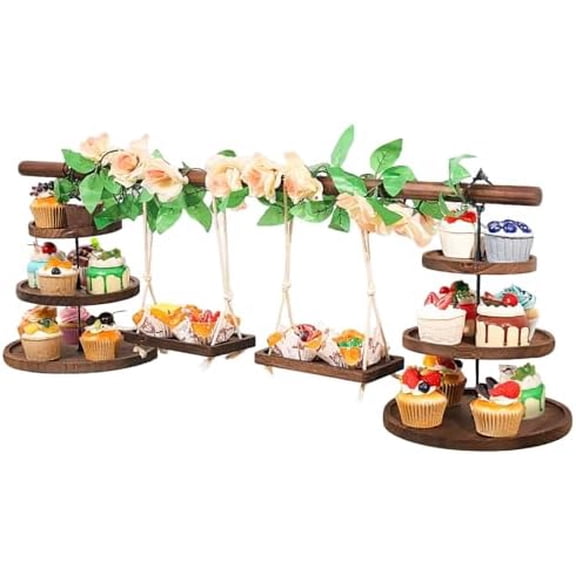 Wooden 3 Tier Cupcake Stand with Swing and Rose Vines Decor, Dessert Table Display Set Rustic Serving Tray Cupcake Tower for Cupcake, Fruit, Donut at Tea Party,Birthday, Baby Shower,Wedding,Christmas