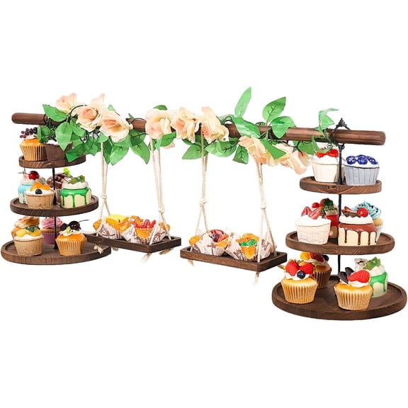 Wooden 3 Tier Cupcake Stand with Swing and Rose Vines Decor, Dessert Table Display Set Rustic Serving Tray Cupcake Tower for Cupcake, Fruit, Donut at Tea Party,Birthday, Baby Shower,Wedding,Christmas