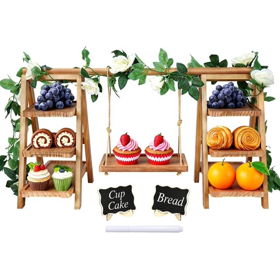 Wooden 3 Tier Cupcake Stand with Swing, Rustic Pine Wood Dessert Display Stand with Removable Trays, Foldable A-Frame Ladder Rack for Cake Fruit Snack, Perfect for Wedding Party Birthday