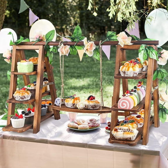 Wooden 3 Tier Cupcake Stand with Swing and Flower Decoration, Rustic Serving Ladder for Cake Snack Fruit Chips Bread Centerpieces