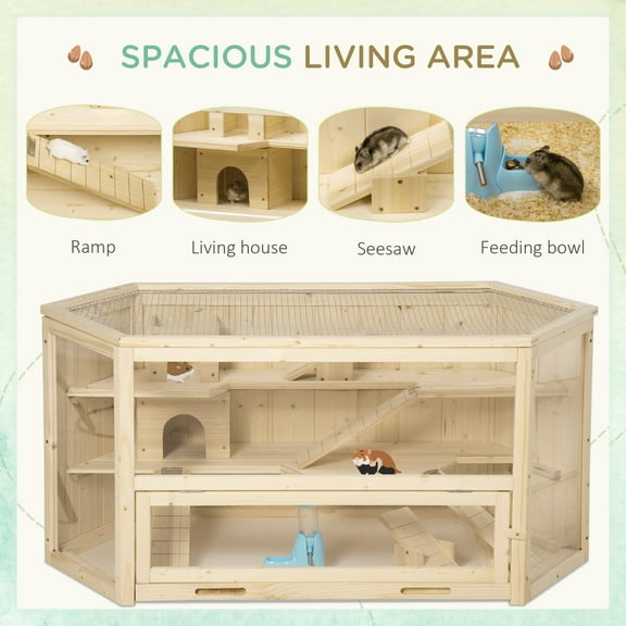 Wooden 3-Tier Hamster Cage Hutch Box with Seesaw Spacious Fun Design for Hamsters Features Two Seesaws Two Huts and Three Ladders Ideal for Exercise Overall Dimensions 4525 L x 235 W x 2175 H