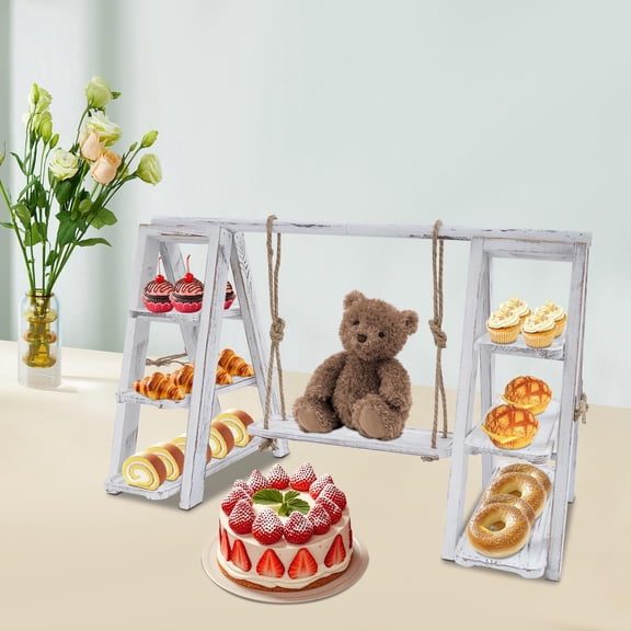 Wooden 3 Tier Serving Tray Ladder Stand Wooden Dessert Table Display Set with Swing Tray Food Display Stand for Desserts Cupcake, Cake Snack Bread, Fruits, Tea Party (White)