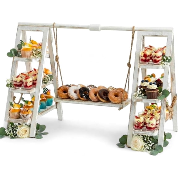 Wooden 3 Tier Swing Cupcake Stand with Serving Platter Foldable Ladder Stand Dessert Display Snack Fruit Cake Bread Centerpieces for Party, Birthday, Wedding, Baby Shower(Rustic White)