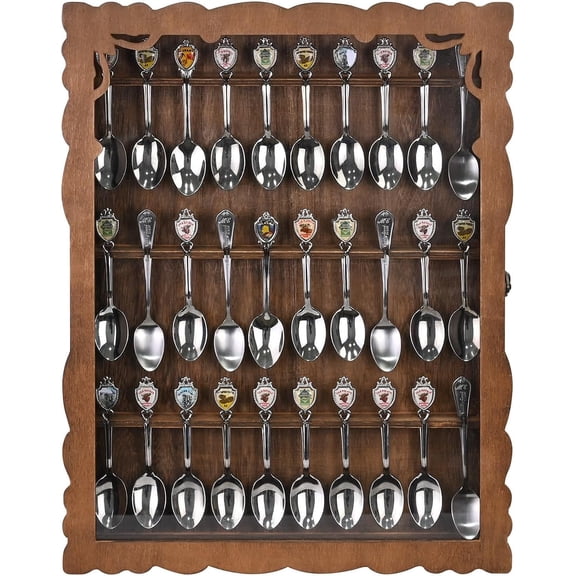 Wooden 30-Souvenir Spoon Display Case Cabinet, Wall-Mounted Tea Spoon Rack with Tempered Glass Suitable for Collection Display, 13.4W x 2.6D x 15.7H in