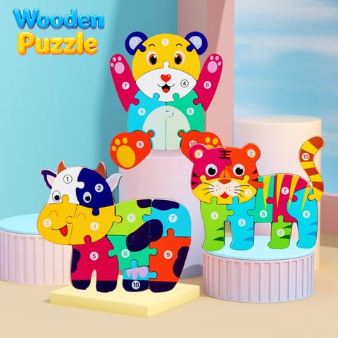 Wooden 3D Animal Chunky Jigsaw Puzzles for Toddlers Age 3+, Montessori Educational Toys, Fine Motor Hand Eye Coordination Game, Non-Toxic Wood Christmas Stocking Stuffer Gift for Boys Girls Kids