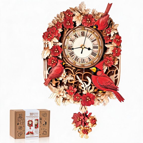 Wooden 3D Cardinal Clock Puzzle Kit with Mechanical Pendulum and Arabic-Style Dial