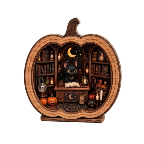 Wooden 3D Miniature Book Nook Witch Cat Library Bookshelf Insert Decorative Bookend for Home Office Desk Display