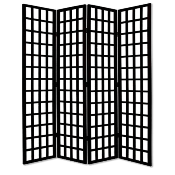 Wooden 4 Panel Foldable Window Pane Screen with Grid Design, Black