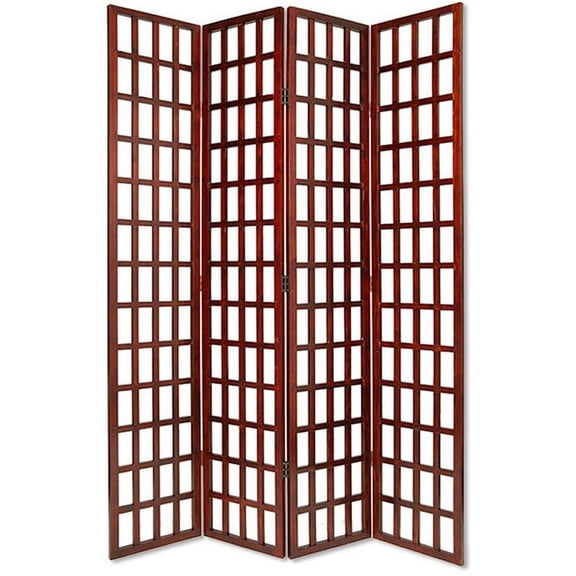 Wooden 4 Panel Foldable Window Pane Screen with Grid Design in Brown