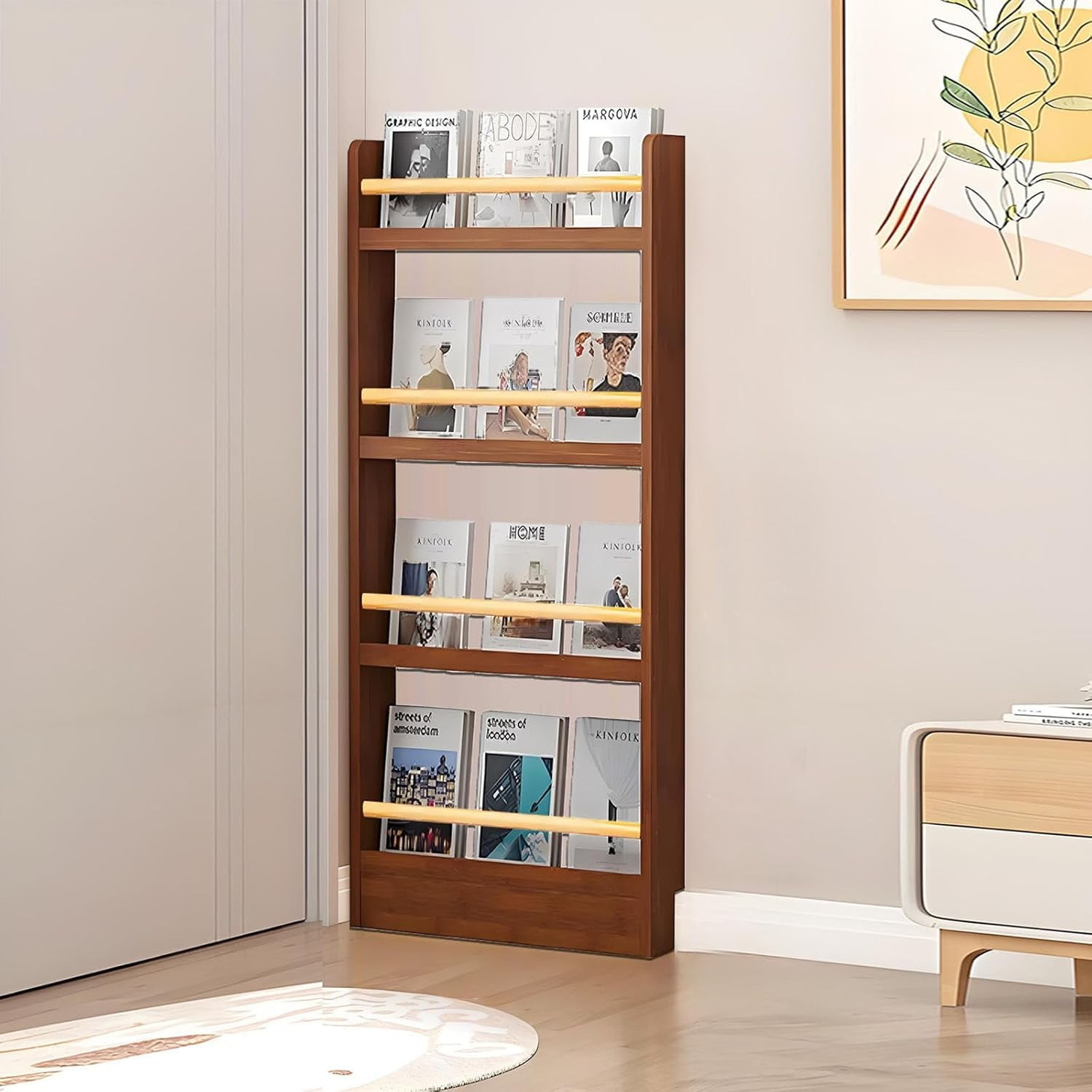 Wooden 4 Tier Behind The Door Bookshelf, Tall Narrow Floor Standing ...