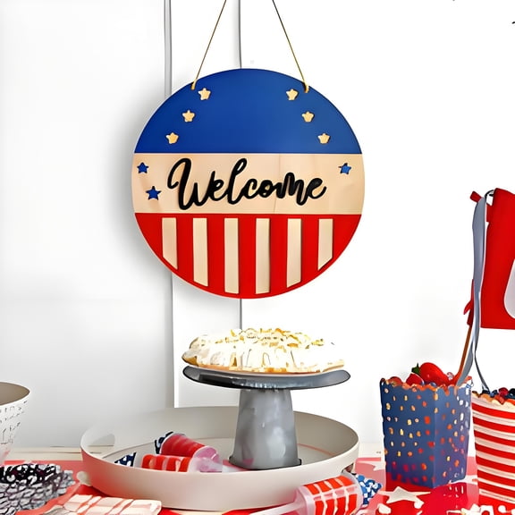 Wooden 4th of July Decor Welcome SignPatriotic Round Doorplate for Independence Day Front Door and Memorial Day Home Wall Hanging Decoration for Living Room and Porch Ornament