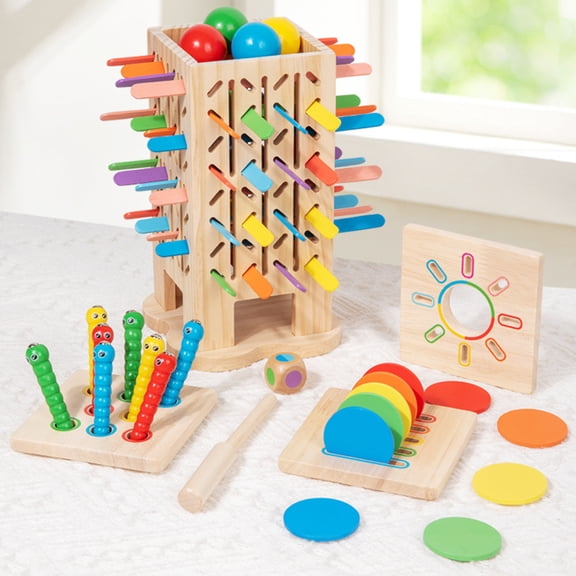 Wooden 5 In 1 Ball Stick Game, Family Dexterity Board Game with 32 Colorful Sticks, 4 Plastic Balls, 1 Dice&1 Ring Frame, Fun Tabletop Party Game for Family Night, Friends Gathering Home Activity