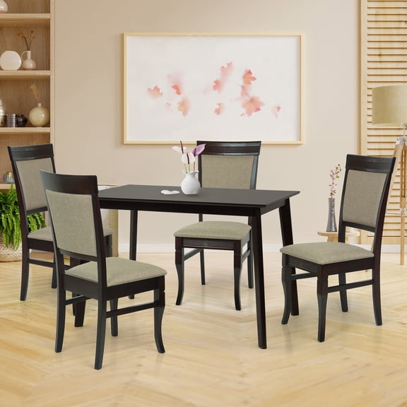 Wooden 5 Piece Dining Table Set, 4 Classic Style Solid Wood Ronda Upholstered Chairs w Palmer Rectangular Dining Table, Kitchen Set for four, Living Room Set, Espresso Color