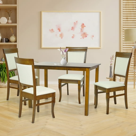 Wooden 5 Piece Dining Table Set, 4 Classic Style Solid Wood Ronda Upholstered Chairs w Preston Rectangular Dining Table, Kitchen Set for four, Living Room Set, Medium Brown Color