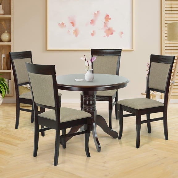 Wooden 5 Piece Dining Table Set, 4 Classic Style Solid Wood Ronda Upholstered Chairs w Rolf Round Dining Table, Kitchen Set for four, Living Room Set, Espresso Color