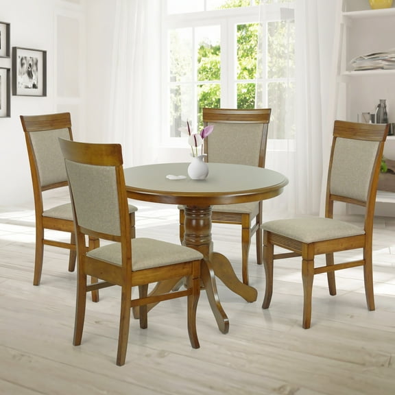 Wooden 5 Piece Dining Table Set, 4 Classic Style Solid Wood Ronda Upholstered Chairs w Rolf Round Dining Table, Kitchen Set for four, Living Room Set, Medium Brown Color