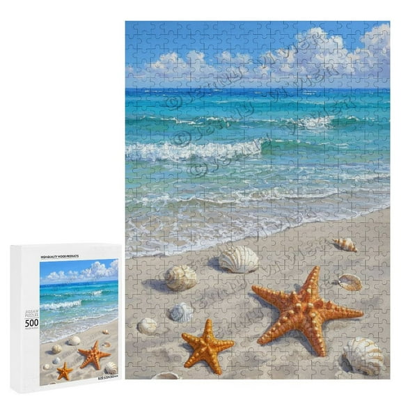 Wooden 500 Piece Puzzle, Beach And Seashells, Relaxing Nature Puzzle, Finished Size 20.5" x 15"