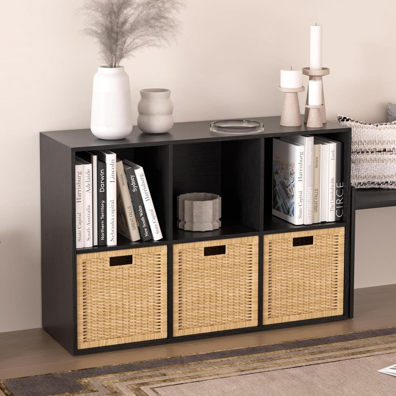 Wooden 6 Cube Storage Organizer with Closed Back Panel,Black Cube Shelf ...