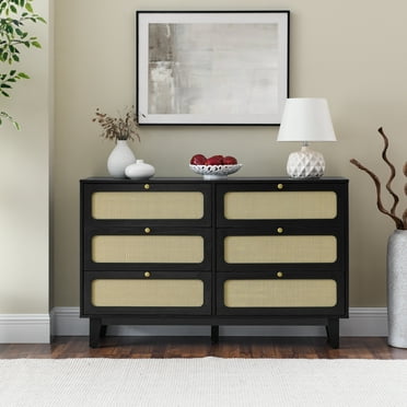 Wooden 6-Drawer Chest - Adjustable Rattan Storage Cabinet - Home Bedroom/Living Room
