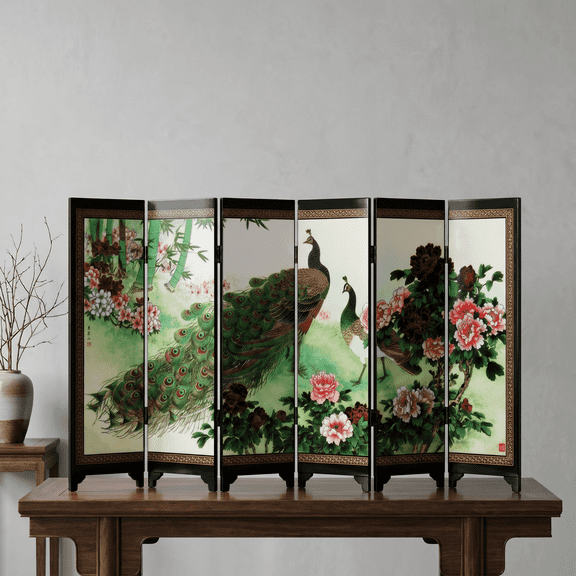 Wooden 6-Panel Peacock Desktop Folding Screen ,Tabletop Decorative Partition, Chinese Lacquer Art Gift, Handmade Room Divider for Home Office Shelf Display